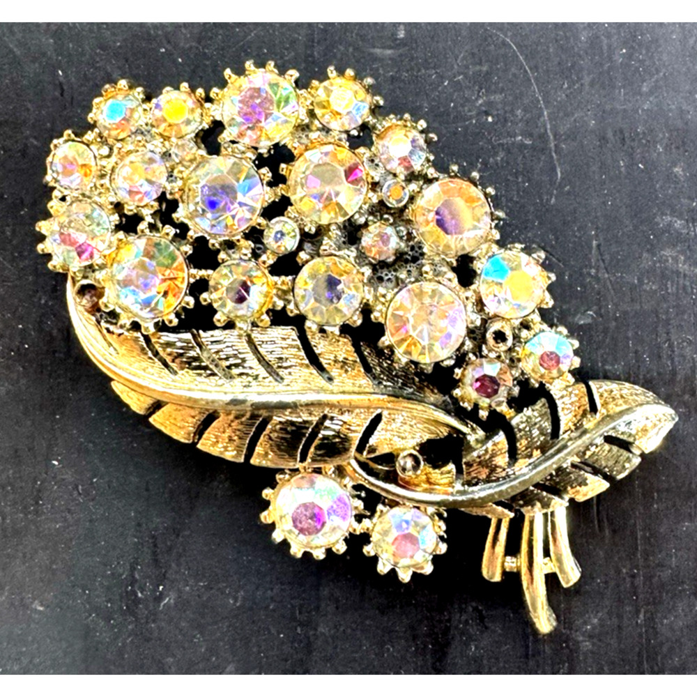Vtg. Coro Brooch Aurora Borealis Gold Tone Leaf-Floral Design STAMPED C Cora